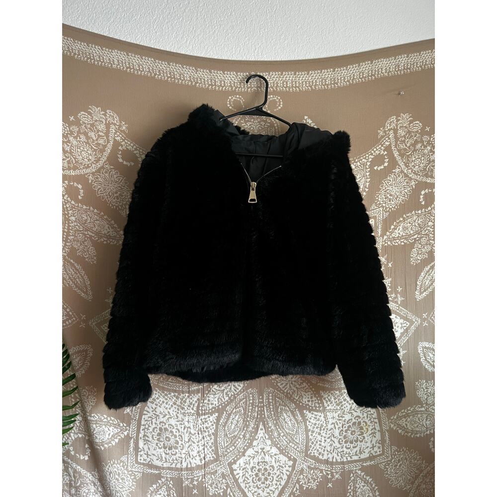 Made in Italy Faux Fur Black Hoodie Zip Up Jacket - Picture 3 of 5